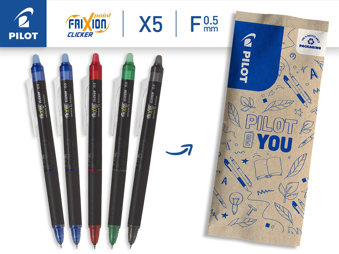 Pilot – 5er-Set Frixion Point Clicker – Tintenroller 0.5 mm mit löschbarer, thermosensitiver Tinte – 2 Blau, je 1 Schwarz, Rot, Grün – Tintenroller mit feiner Spitze – nachfüllbar – Zauberstift