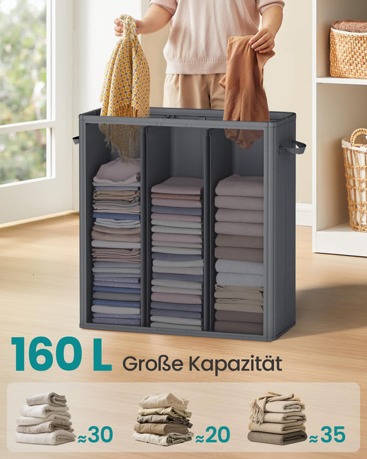 SONGMICS Wäschekorb mit 3 Fächern, 160 L, mit Deckel, 5 Etiketten, herausnehmbarer und waschbarer Innensack, Waschküche Schlafzimmer, dunkelgrau RLH013G01