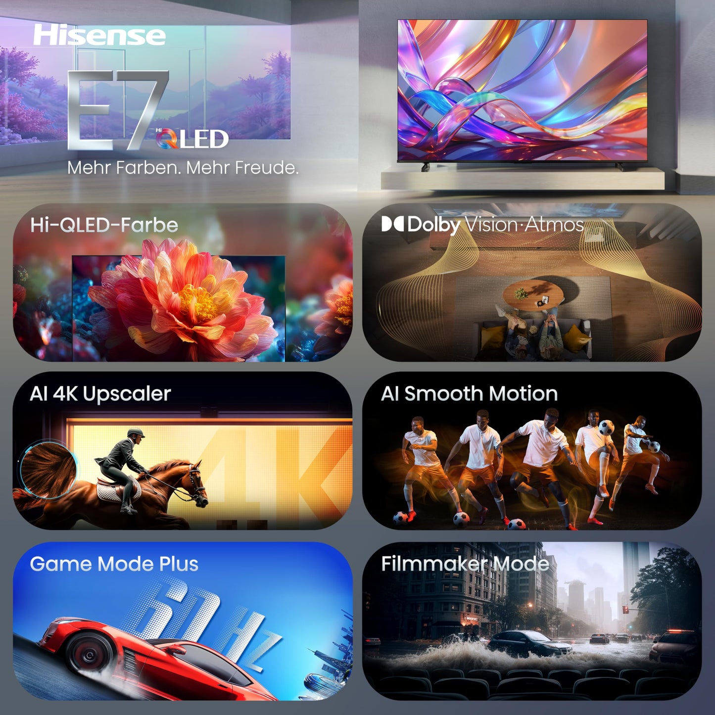 Hisense 58E7DS Fernseher 58 Zoll, 4K UHD QLED, Smart TV, Hi-View AI Engine, 60Hz Game Mode Plus, Dolby Vision IQ, HI-QLED Colour, Filmmaker Mode, AI Smooth Motion, Airplay, Sprachsteuerung[2026]