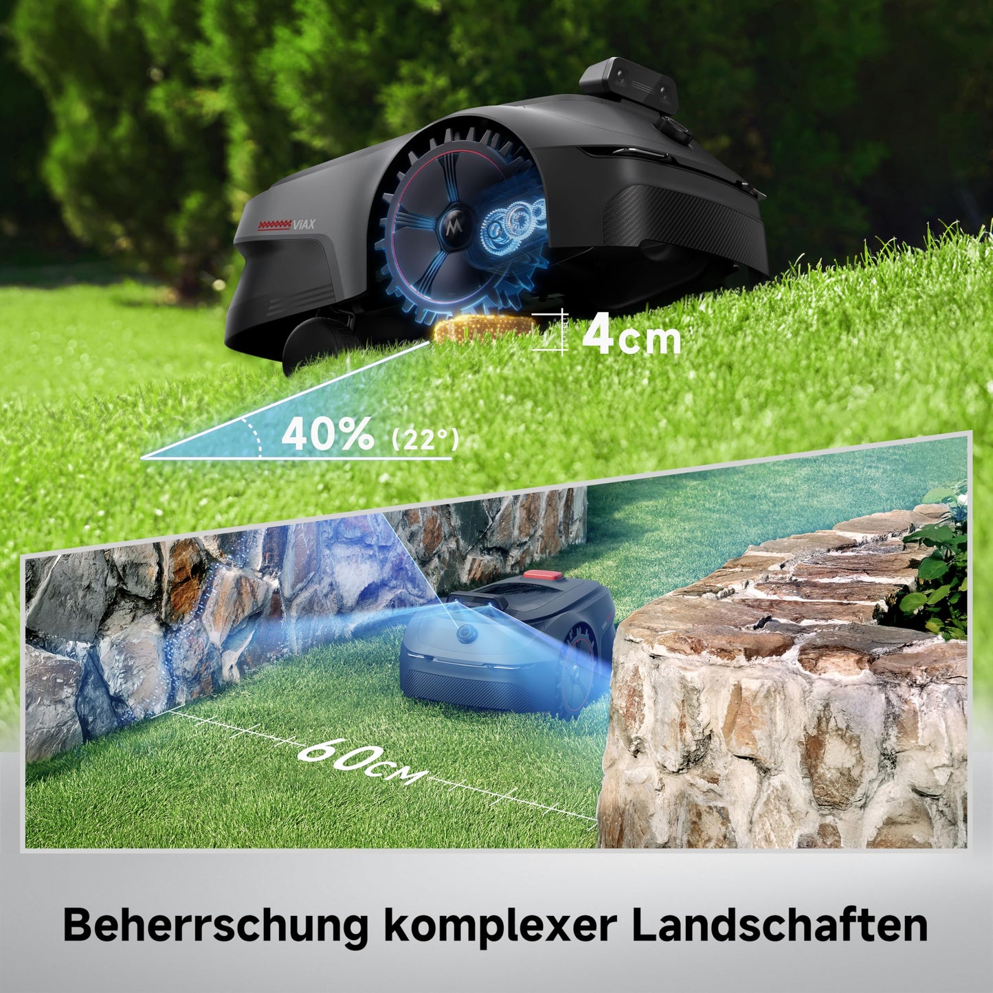 MOVA ViAX 500 Mähroboter Ohne Begrenzungskabel, Empf. 600 m², KI-gestützte Kartierung, 360°-LiDAR & Dual-KI-Vision, Intelligente Hindernisvermeidung, U-Fahrbahn, Kantenschnitt, App-Steuerung