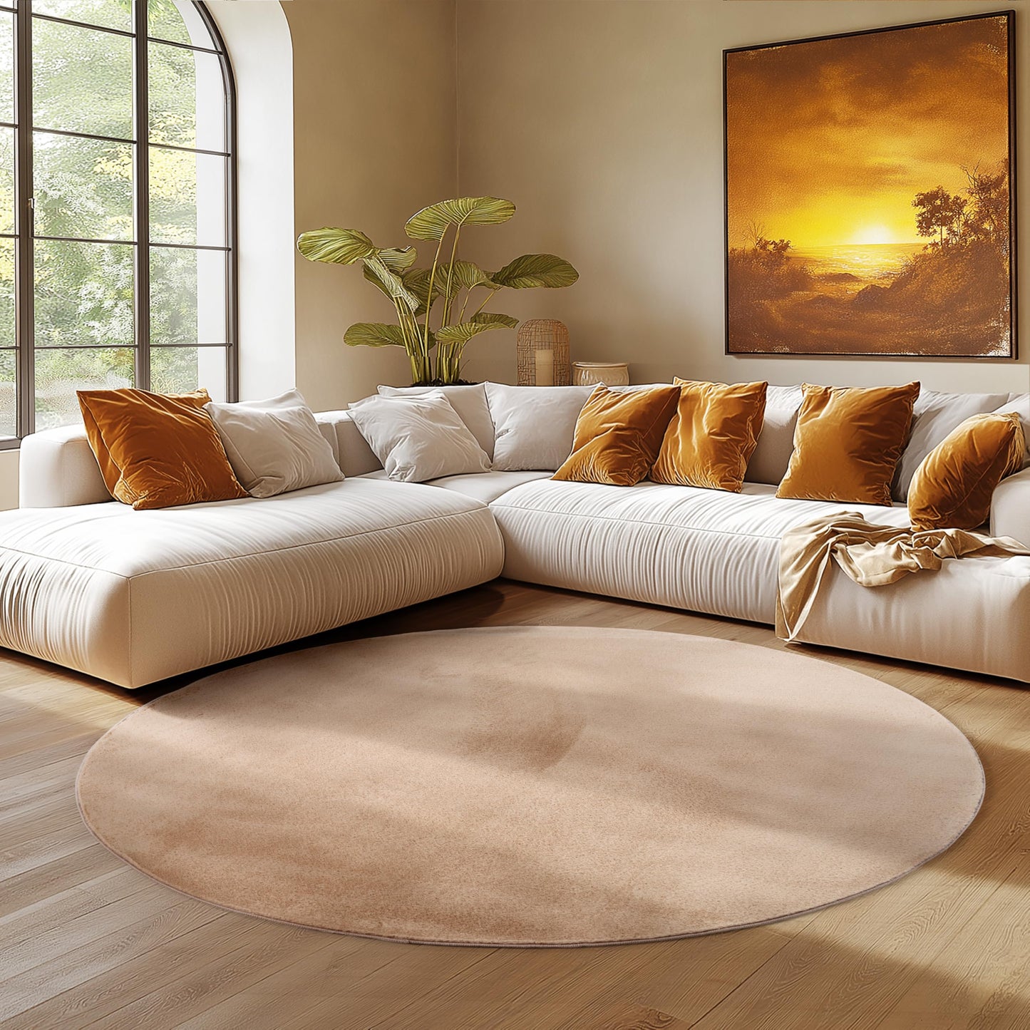 SIMPEX Teppich Wohnzimmer Rund Beige 160 cm Kurzflor Teppich Waschbar, rund, rutschfest & weich, modernes einfarbiges Design für Wohnzimmer, Schlafzimmer, Küche & Kinderzimmer.