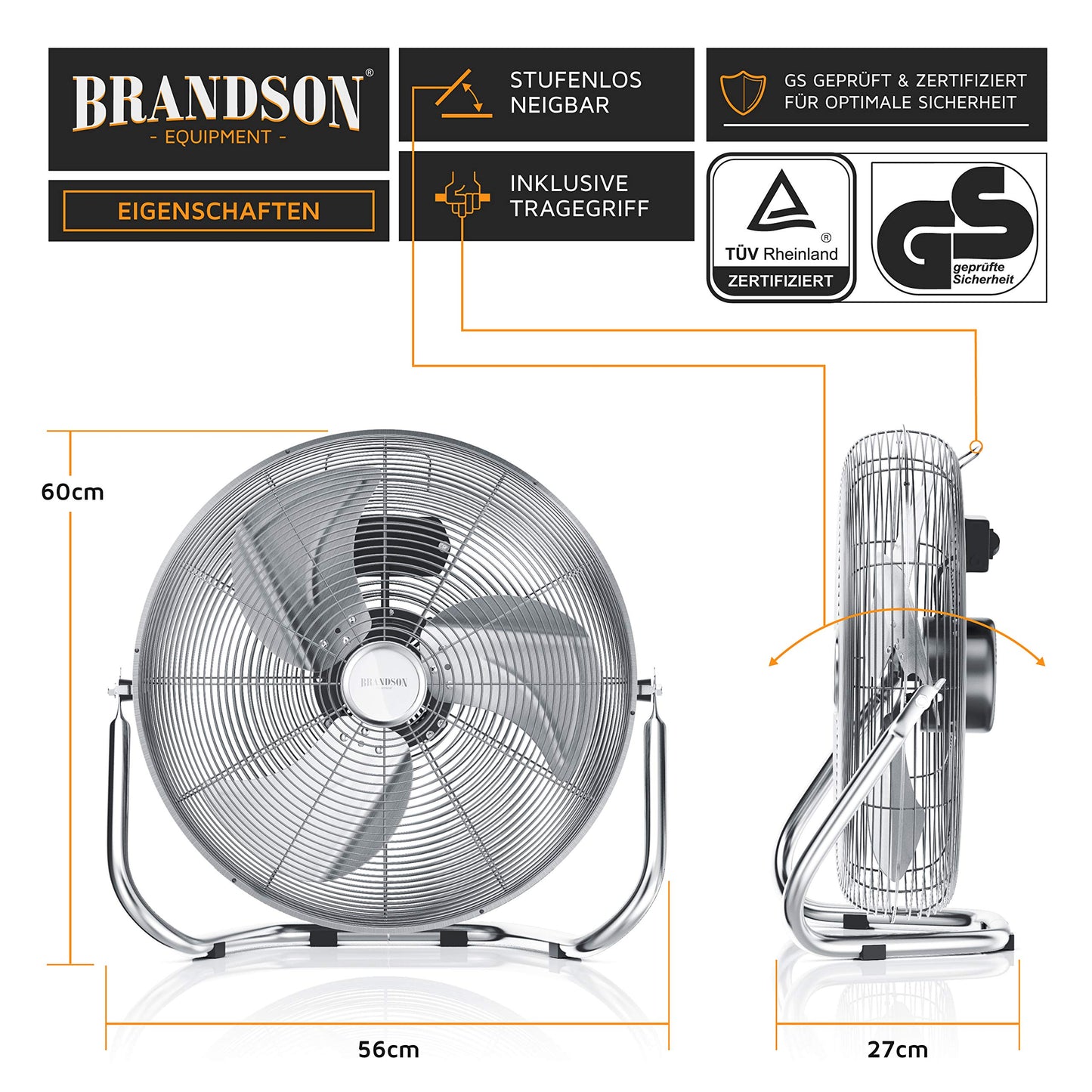 Brandson - Windmaschine Retro Stil 160 Watt - Ventilator in Chrom - Standventilator 50 cm - Bodenventilator - hoher Luftdurchsatz - stufenlos neigbarer Ventilatorkopf - GS Geprüfte Sicherheit