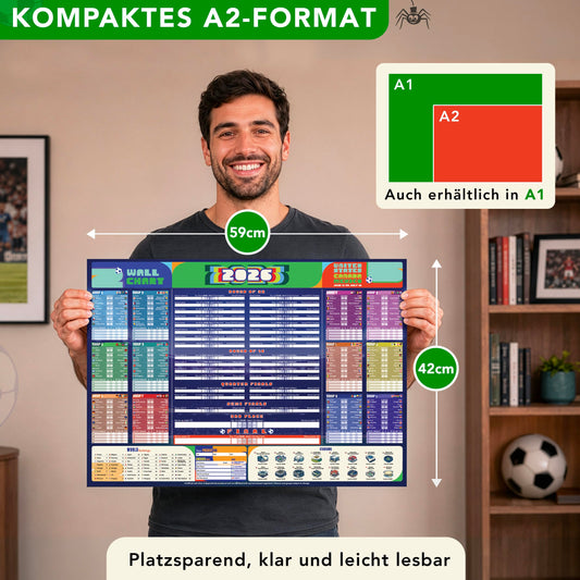 Premium WM Spielplan 2026 Poster - A2 WM Planer 2026 - 2-in-1 Doppelseitig: Für Wand oder Tür – Alle 104 Spiele, Deutsche Anstoßzeiten, Stadien, Weltranglisten und Mehr (84 x 60 cm, gefaltet)