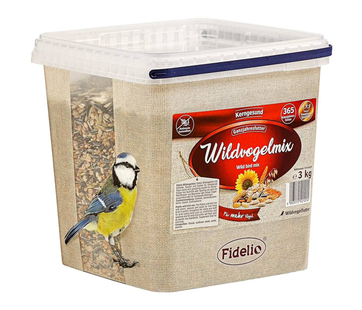 Fidelio Wildvogelfutter, Wildvogelmix, ganzjähriges Wildvogelfutter proteinreich / energiereich, hochwertiges Vogelfutter für Wildvögel, im Eimer, 3 kg