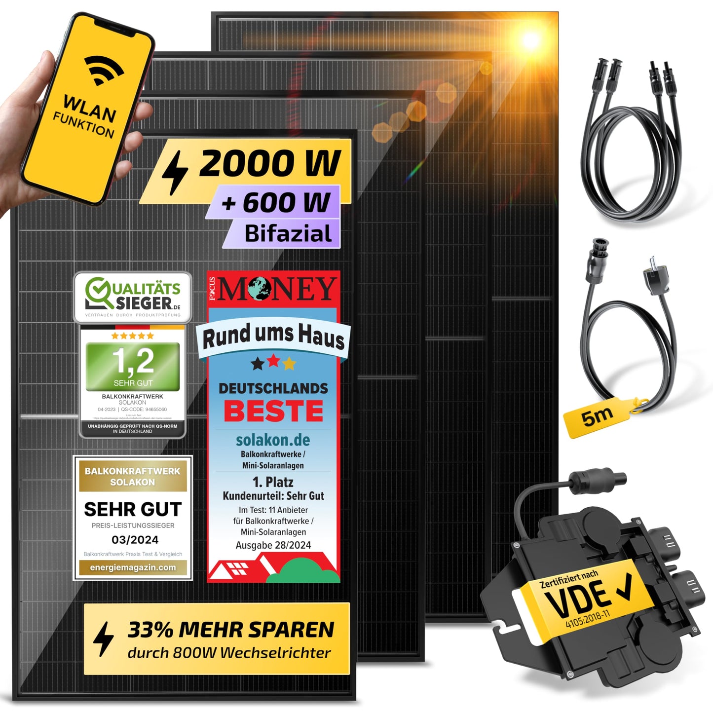 Solakon Balkonkraftwerk 2000W komplett Steckdose - Balkonkraftwerk 2000 Watt neuester Wechselrichter 800W - Solaranlage Komplettset mit 4x500W Solarpanel/Solar Panels mit 5m Kabel