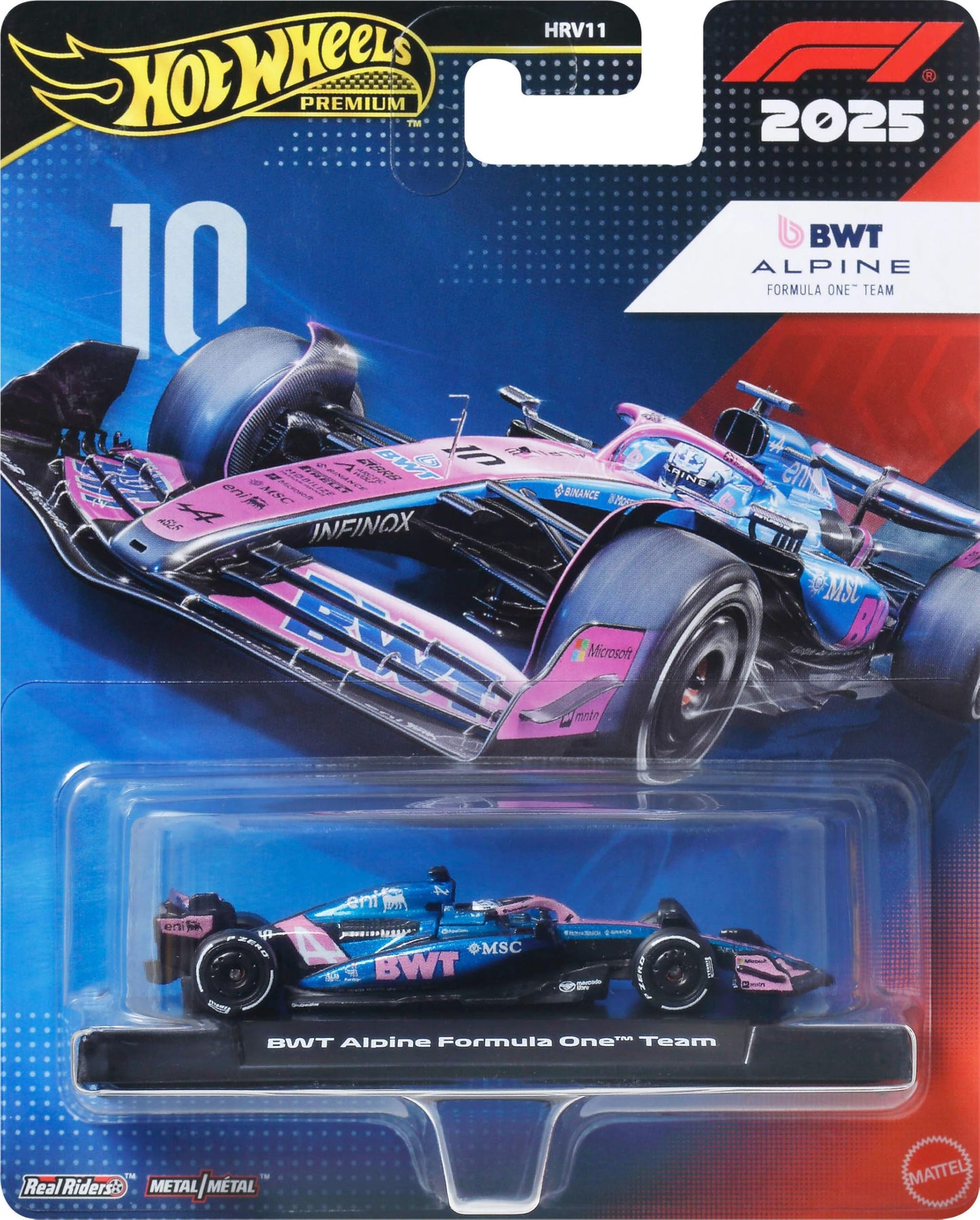 Hot Wheels Formel 1 BWT Alpine – Pierre Gasly #10 Premium Die-Cast-Spielzeugauto im Maßstab 1:64 Sammelspielzeug-Rennauto mit Real Riders-Reifen sowie Metall/Metall-Karosserie und -Fahrgestell, JKD82