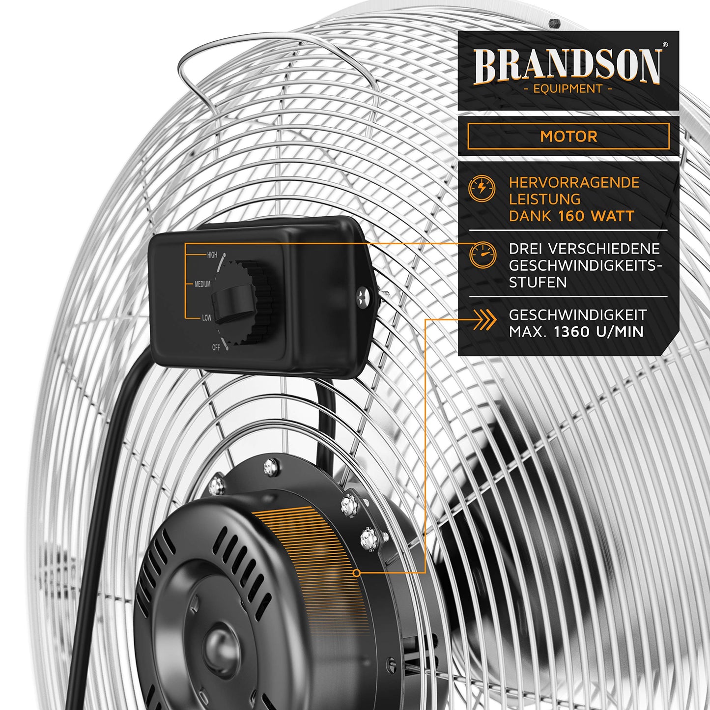 Brandson - Windmaschine Retro Stil 160 Watt - Ventilator in Chrom - Standventilator 50 cm - Bodenventilator - hoher Luftdurchsatz - stufenlos neigbarer Ventilatorkopf - GS Geprüfte Sicherheit