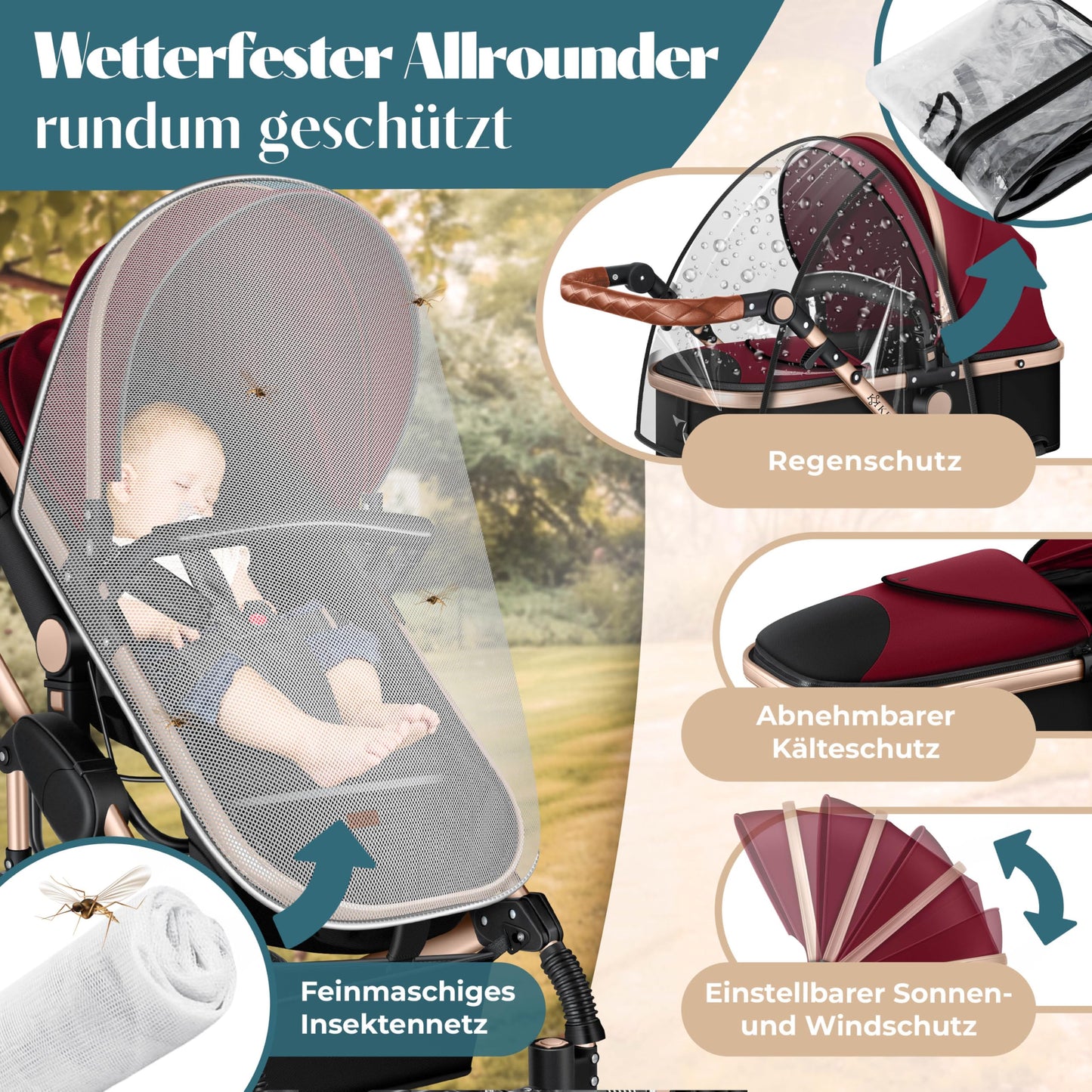KESSER® Loops 4 in 1 Kinderwagen Kombikinderwagen Komplett-Set inkl. Babywanne & Buggy Sportsitz & Auto-Babyschale Voll-Gummireifen Wickeltasche Regenschutz Kindertisch ECE R129, Rot/Champagne