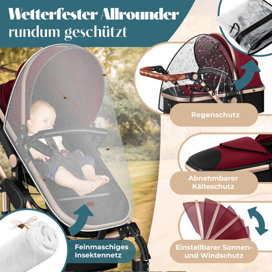 KESSER® Loops 4 in 1 Kinderwagen Kombikinderwagen Komplett-Set inkl. Babywanne & Buggy Sportsitz & Auto-Babyschale Voll-Gummireifen Wickeltasche Regenschutz Kindertisch ECE R129, Rot/Champagne