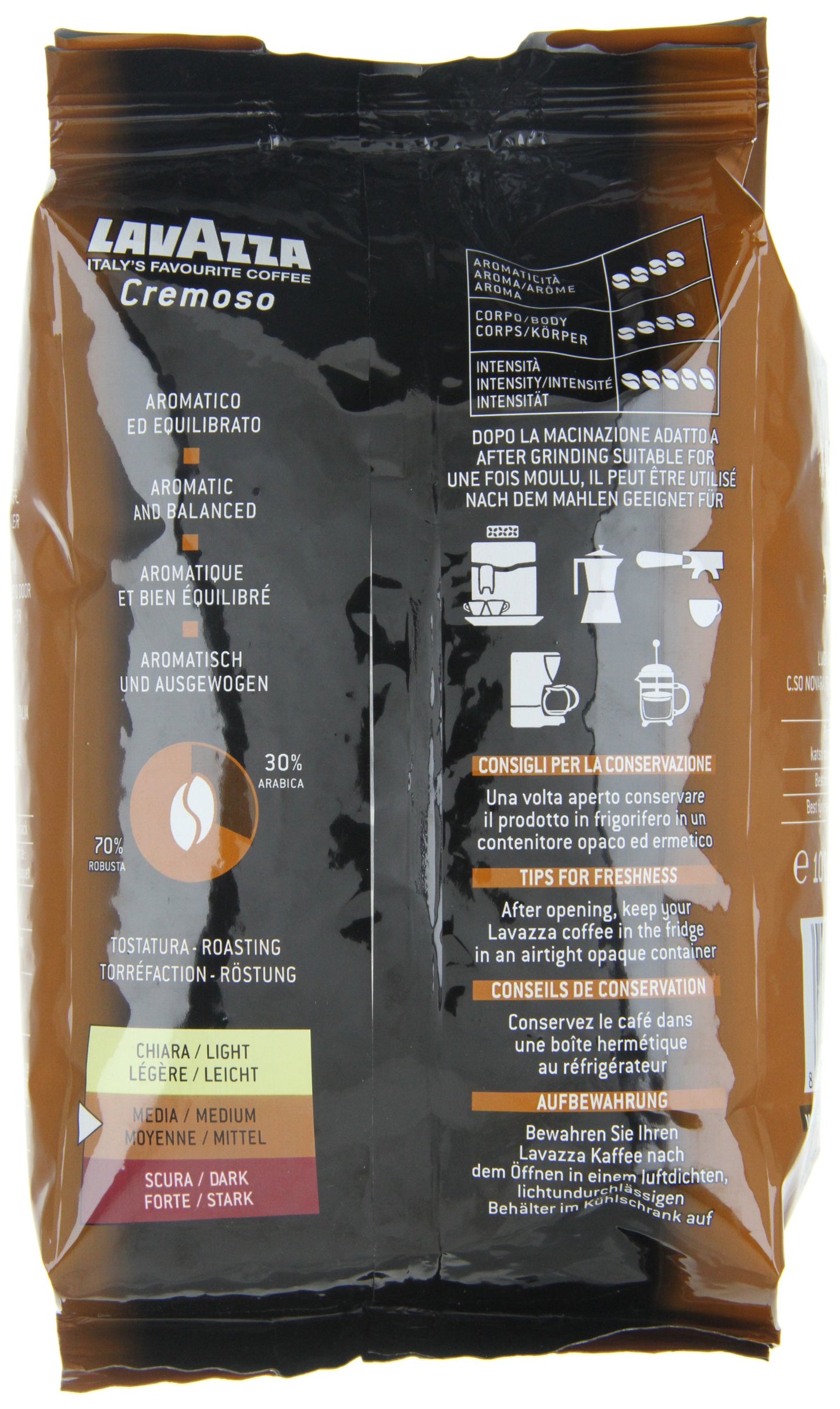 Lavazza, Espresso Italiano Cremoso, Arabica und Robusta Kaffeebohnen, mit Aromanoten von Gewürzen und Kakao, Intensität 8/10, Mittlere Röstung, 1 Packung mit 1 Kg (Packung mit 3)