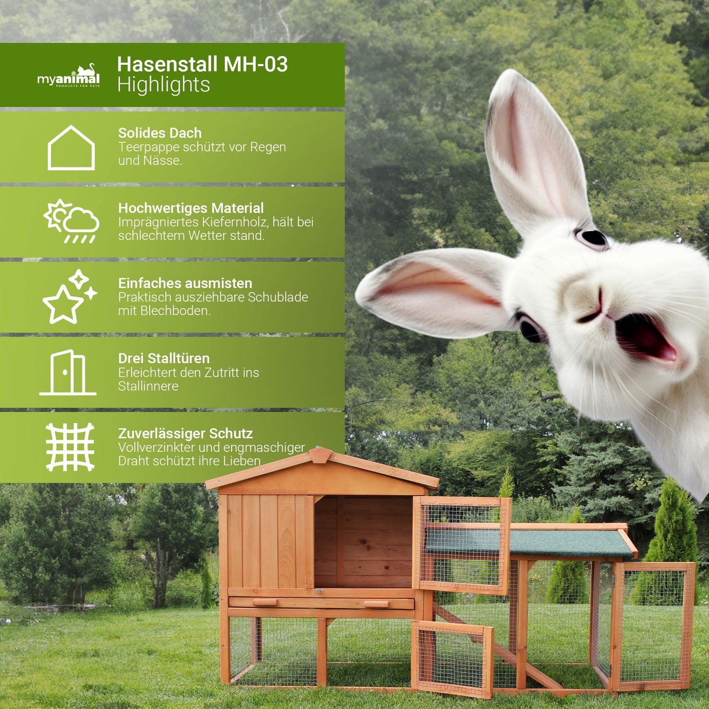 Miweba MyAnimal Hasenstall MH-03 | Kaninchenstall mit Freilaufgehege - Hasenkäfig - Kleintierkäfig - Holz imprägniert - Kaninchenkäfig Winterfest - Kleintiergehege - Käfig - Hasenhaus (Braun)