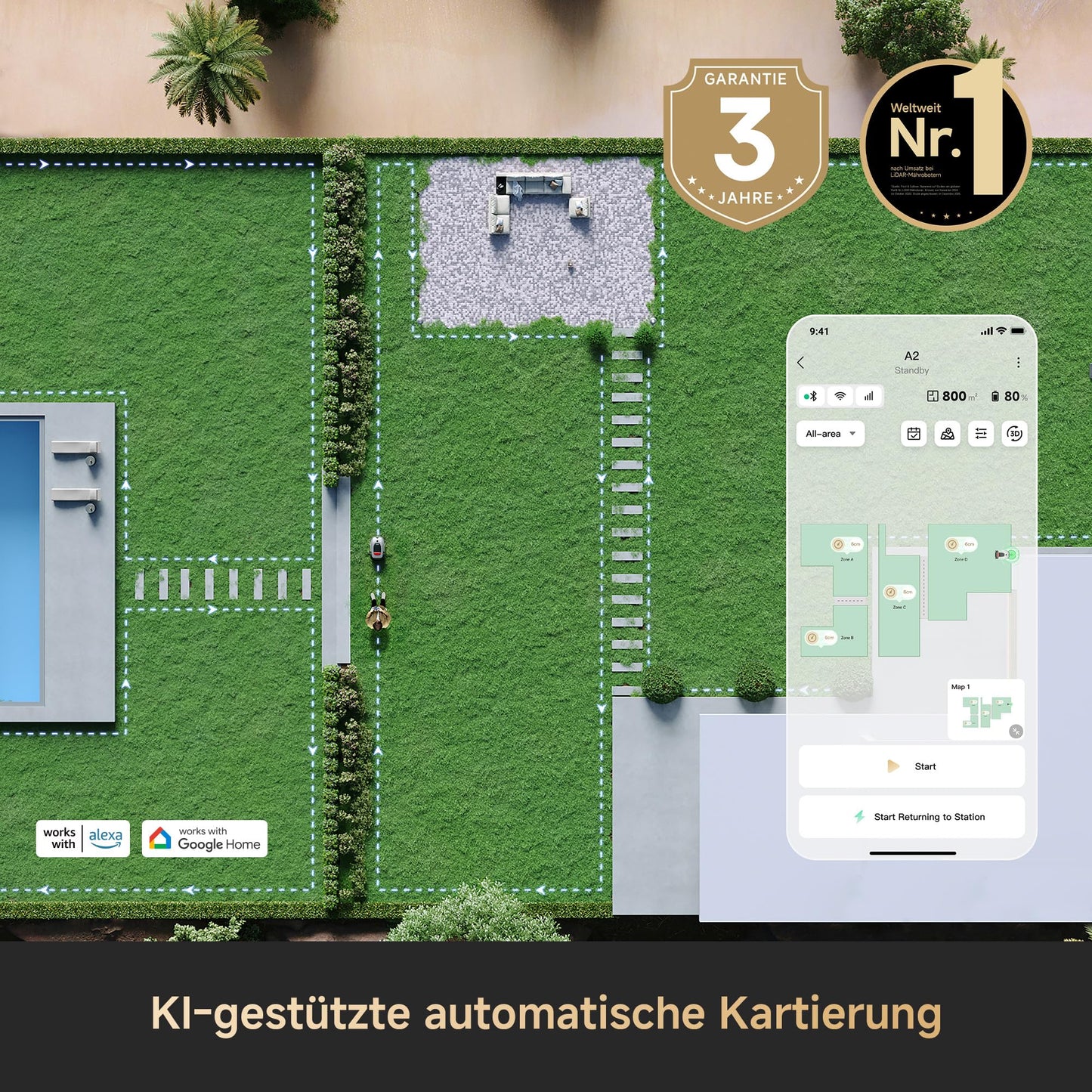 DREAME Mähroboter A2 3000 ohne Begrenzungskabel, 360° 3D LiDAR + AI Vision, Auto-Begrenzungseinrichtung,3000 m²,Dual-Fusion-Kartierung, OmniSense-2.0-Hindernisvermeidung, EdgeMaste-Schneidsystem
