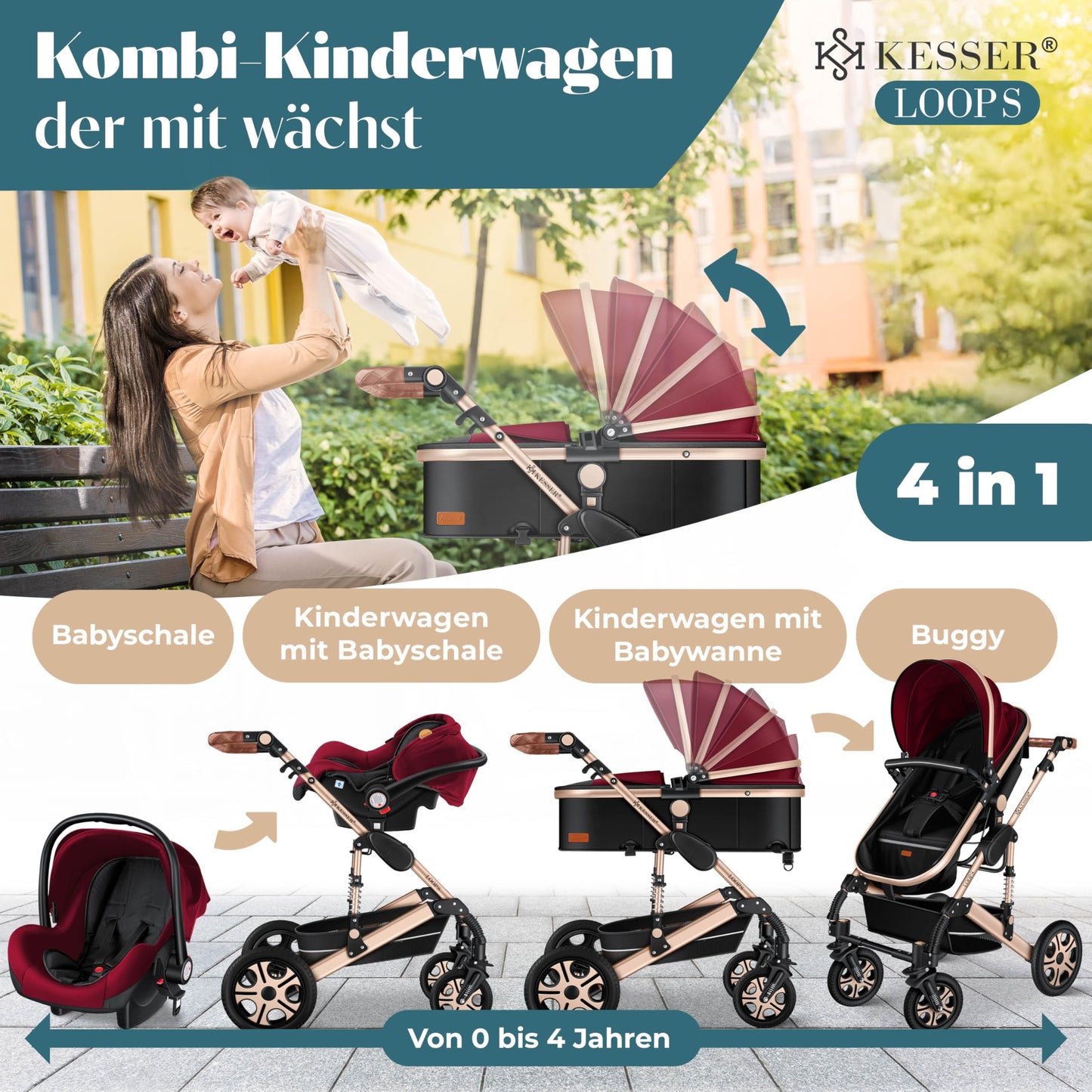 KESSER® Loops 4 in 1 Kinderwagen Kombikinderwagen Komplett-Set inkl. Babywanne & Buggy Sportsitz & Auto-Babyschale Voll-Gummireifen Wickeltasche Regenschutz Kindertisch ECE R129, Rot/Champagne