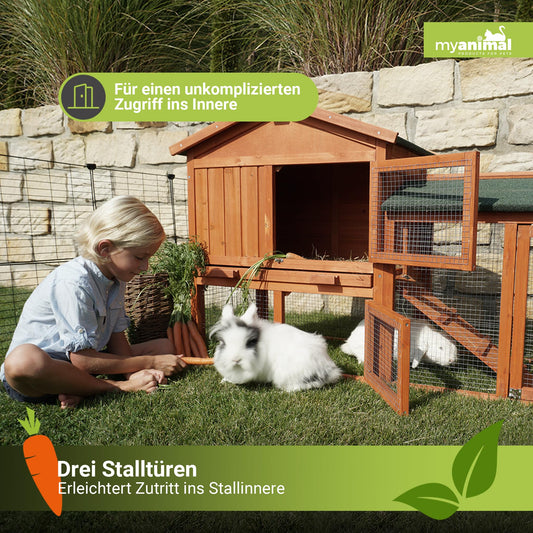 Miweba MyAnimal Hasenstall MH-03 | Kaninchenstall mit Freilaufgehege - Hasenkäfig - Kleintierkäfig - Holz imprägniert - Kaninchenkäfig Winterfest - Kleintiergehege - Käfig - Hasenhaus (Braun)