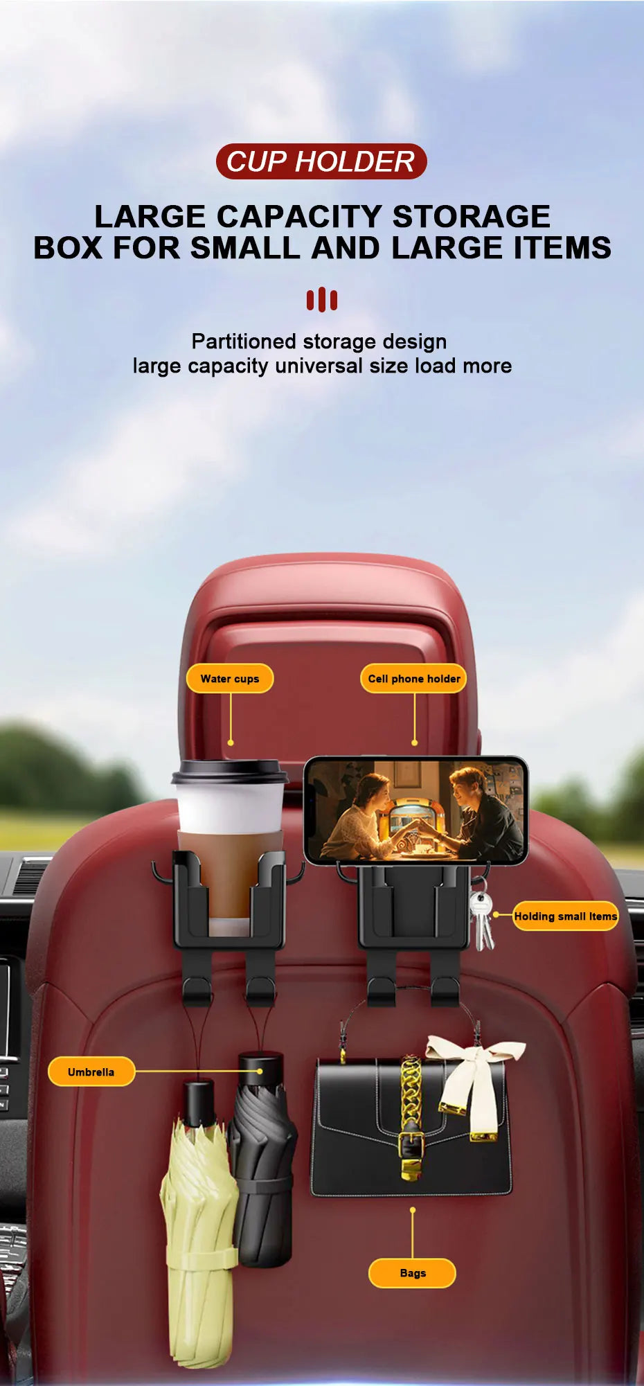 Universal Auto Getränkehalter mit 4 Haken und Telefonhalter