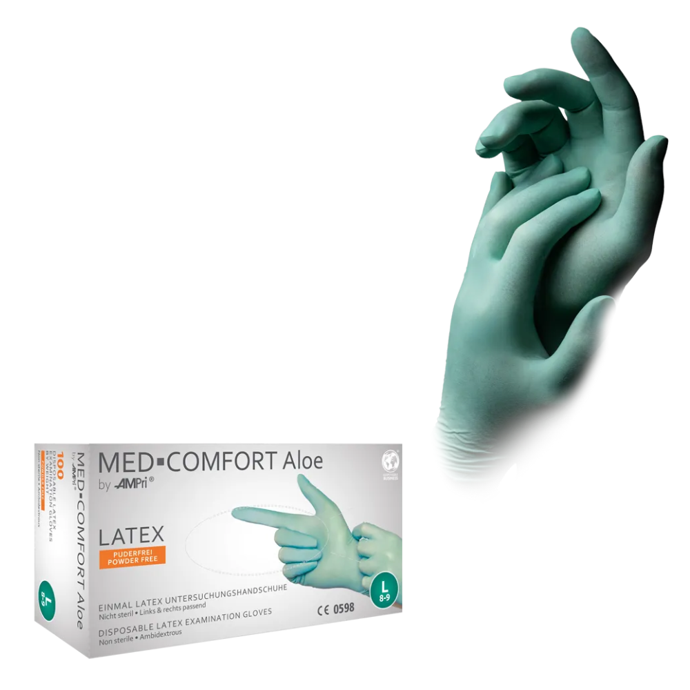 AMPri MED-COMFORT Aloe Latexhandschuhe puderfrei, mintgrün | Box (100 Stück)-Altruan