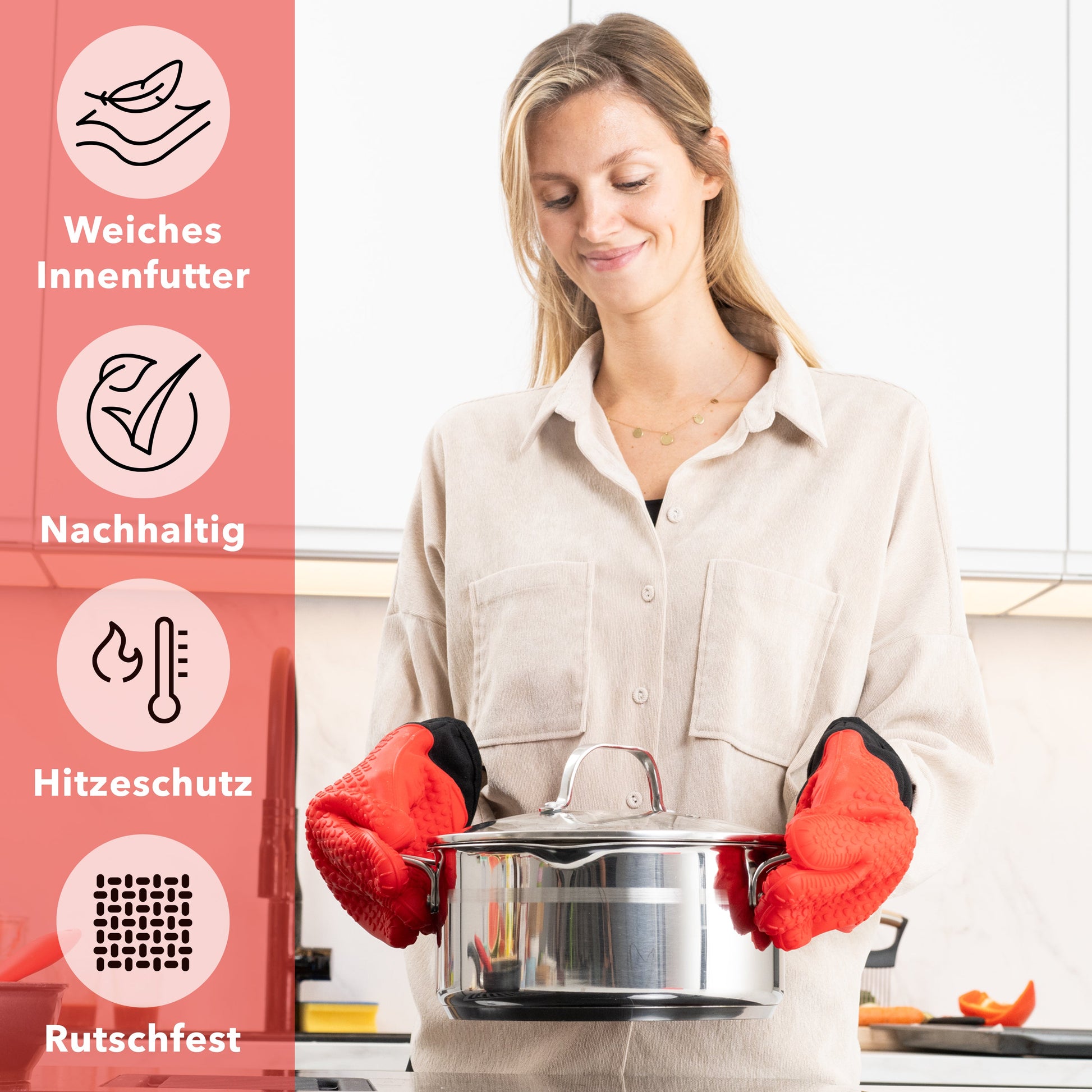 Ofenhandschuhe aus Silikon mit Fingern - Rot