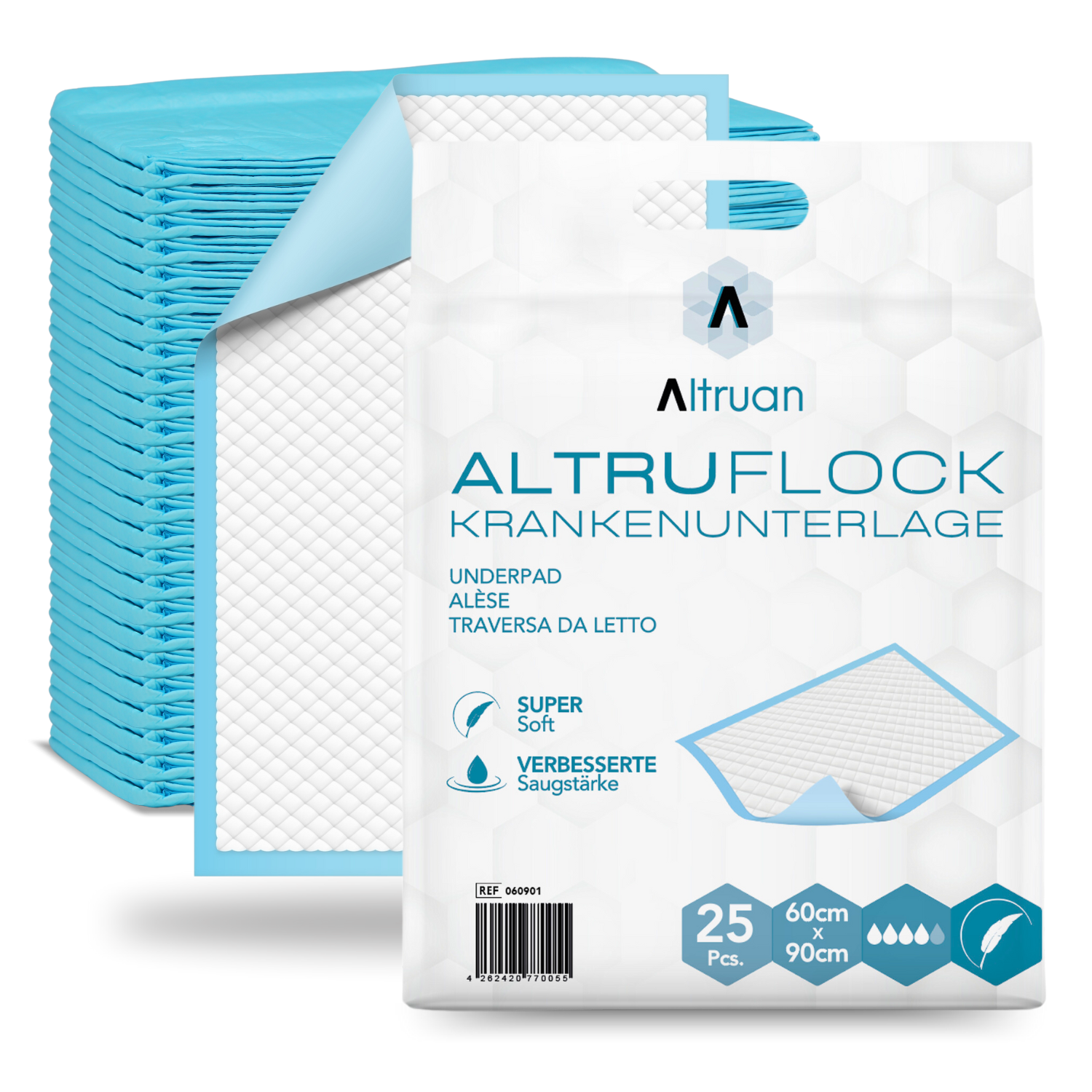 Altruflock® Bettschutzunterlagen 60 x 90cm Supersoft Extrem Saugfähig | Packung (25 Stück)-Altruan