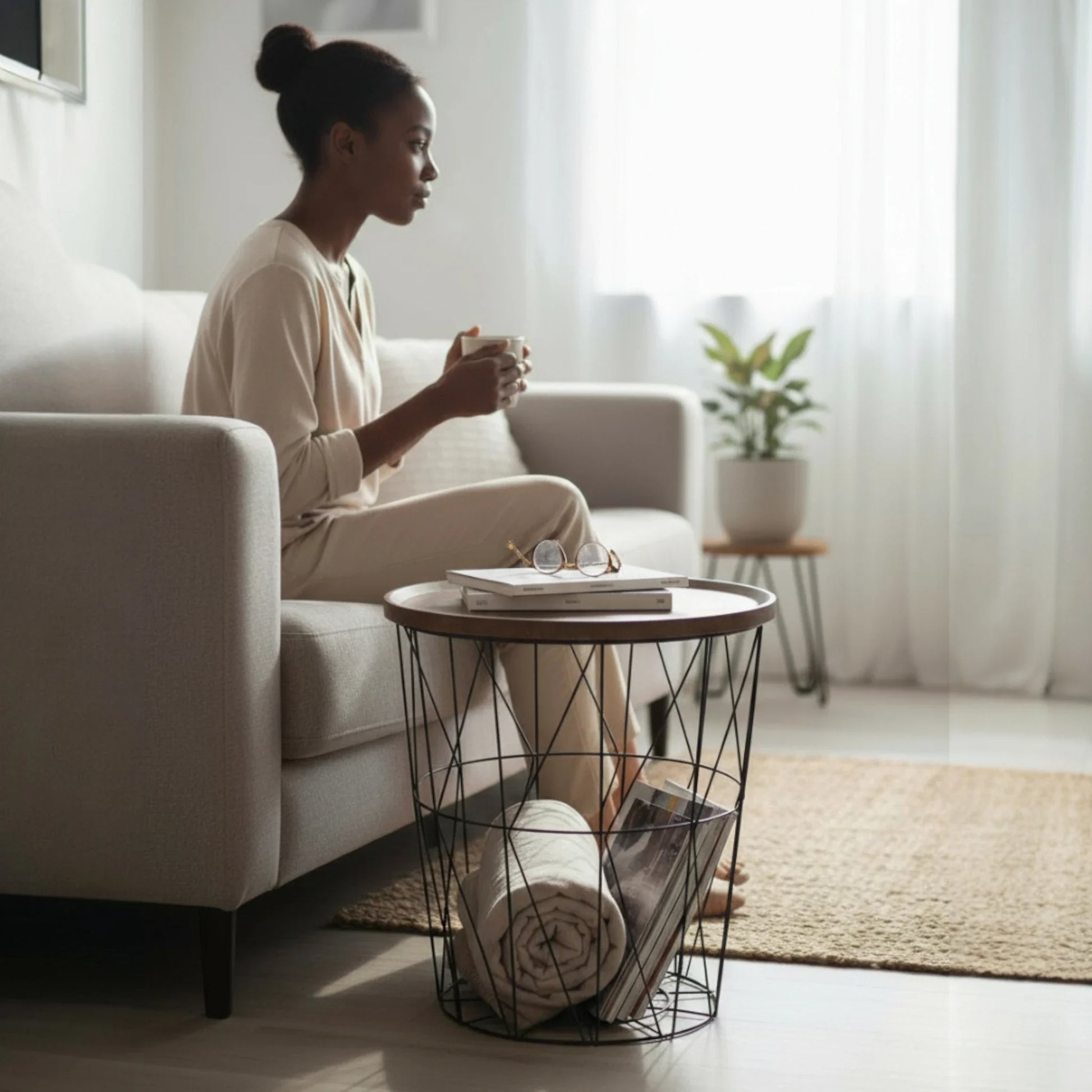 Beistelltisch Couchtisch Stauraumtisch Metalltisch mit Holzplatte Nussbaum schwarz 37x39