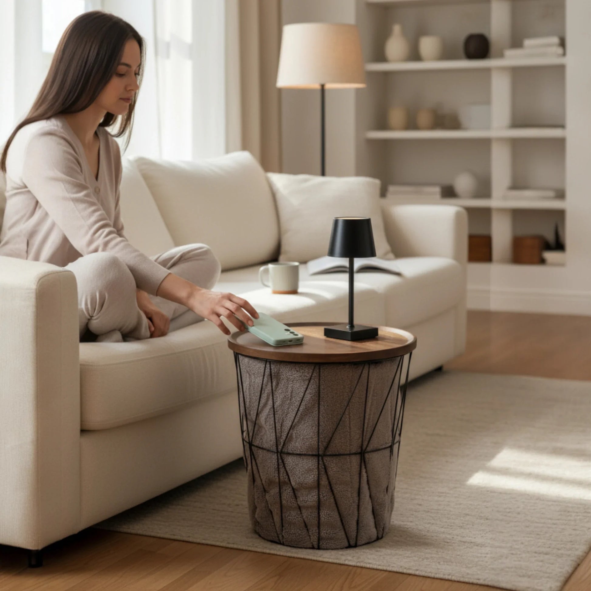 Beistelltisch Couchtisch Stauraumtisch Metalltisch mit Holzplatte Nussbaum schwarz 37x39