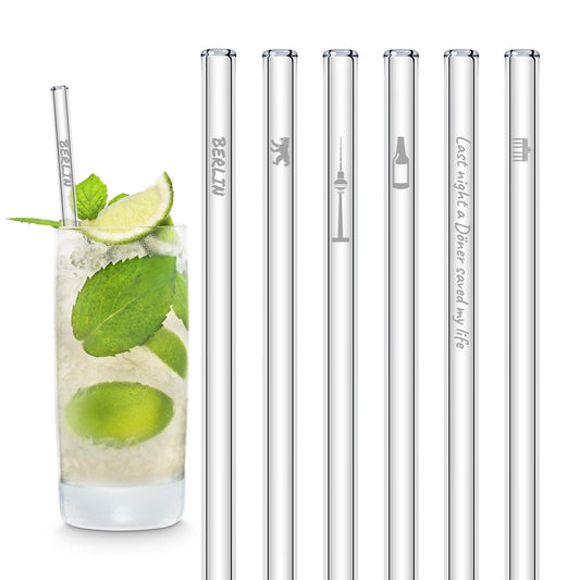 Berlin Edition 6x Glasstrohhalme mit gravierten Motiven - 15cm, 20cm, 23cm