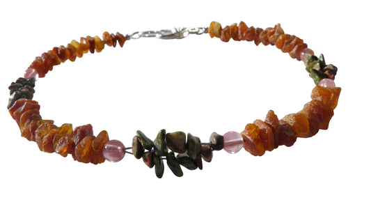 Bernsteinkette für Hund mit Unakit und Erdbeerquarz 36 cm