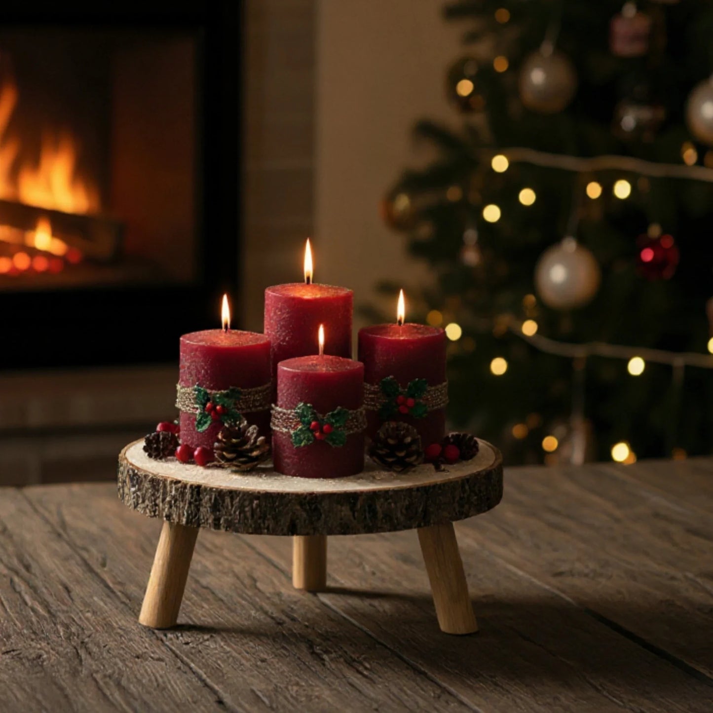 Rustikales Kerzentablett Baumscheibe auf Füßen natur 20-26 cm