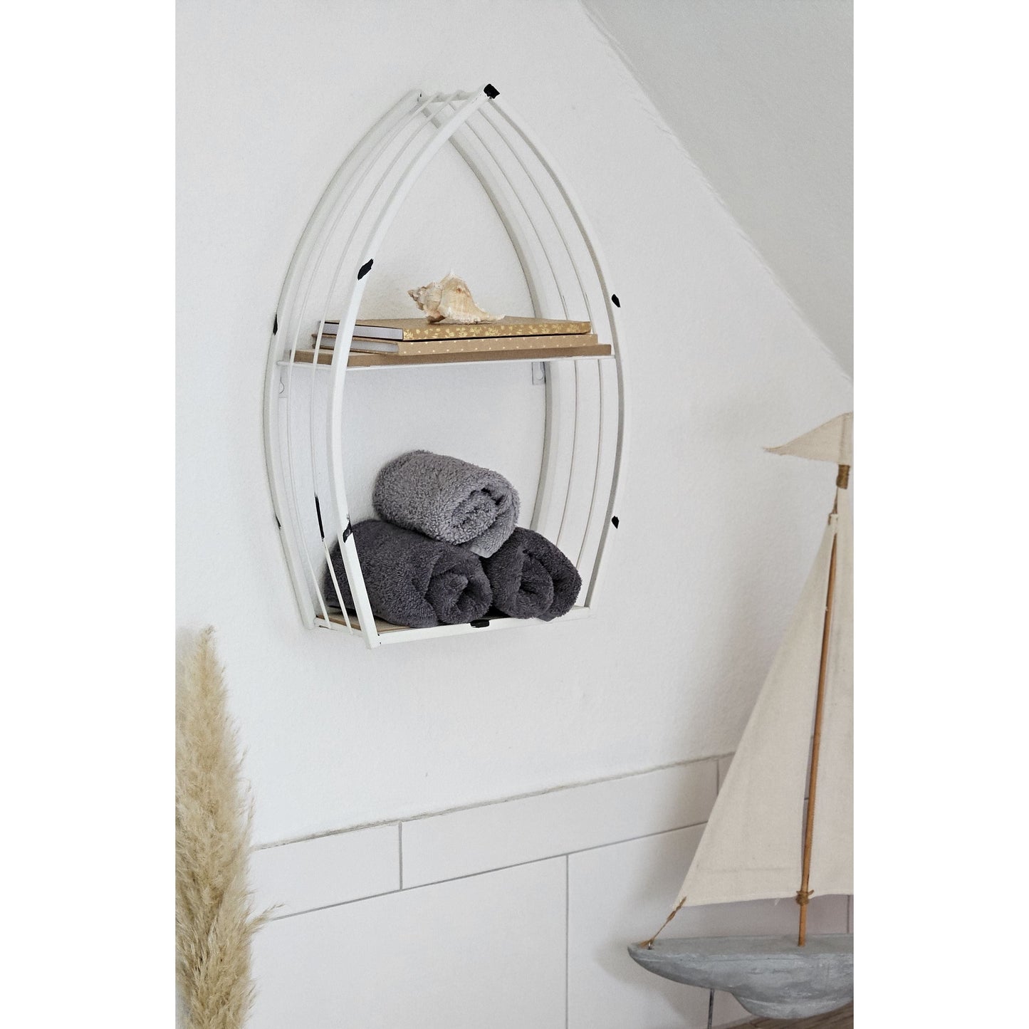 Maritimes Wandregal Boot Weiß Metall MDF-Holz 48x32x12 cm