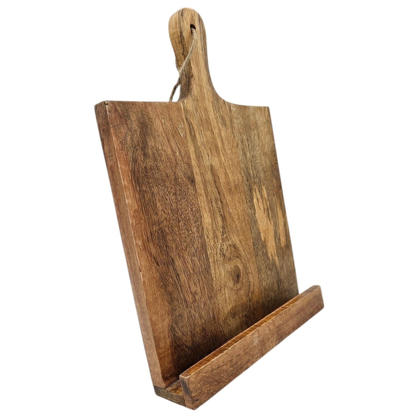 Praktischer Kochbuchhalter aus Mangoholz mit Transportgriff und Kordel