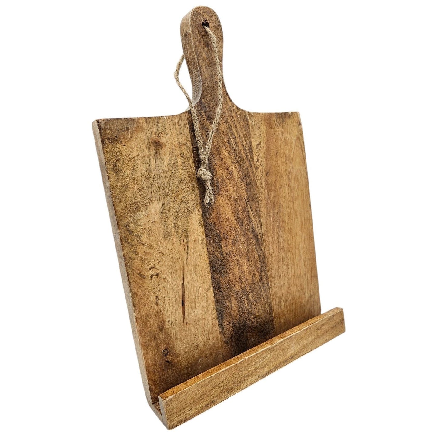 Praktischer Kochbuchhalter aus Mangoholz mit Transportgriff und Kordel