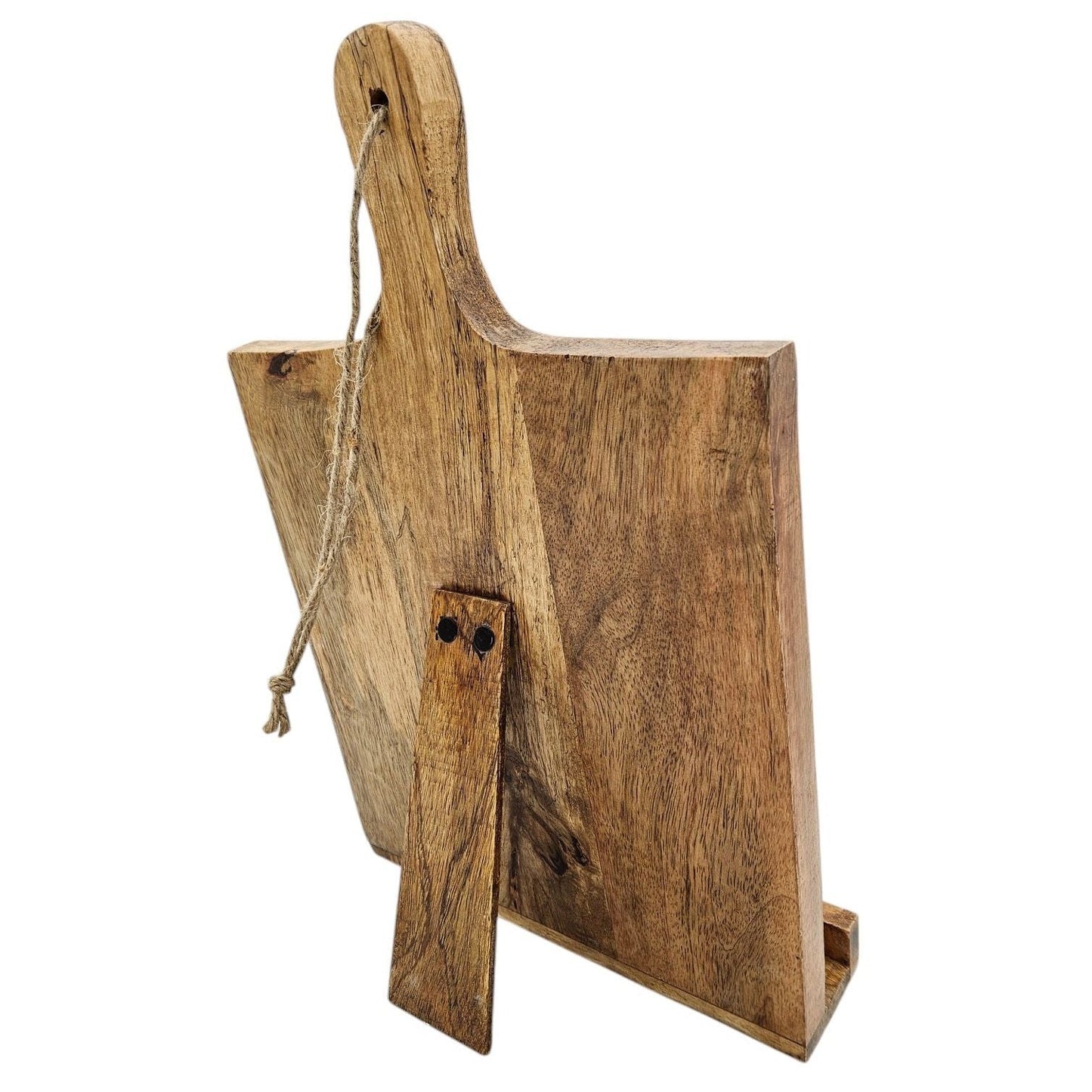 Praktischer Kochbuchhalter aus Mangoholz mit Transportgriff und Kordel