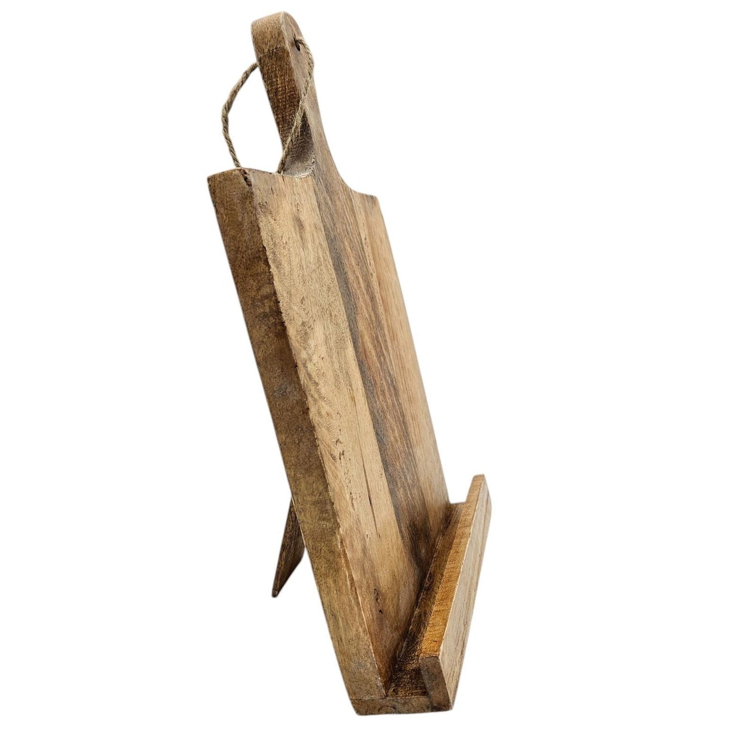 Praktischer Kochbuchhalter aus Mangoholz mit Transportgriff und Kordel