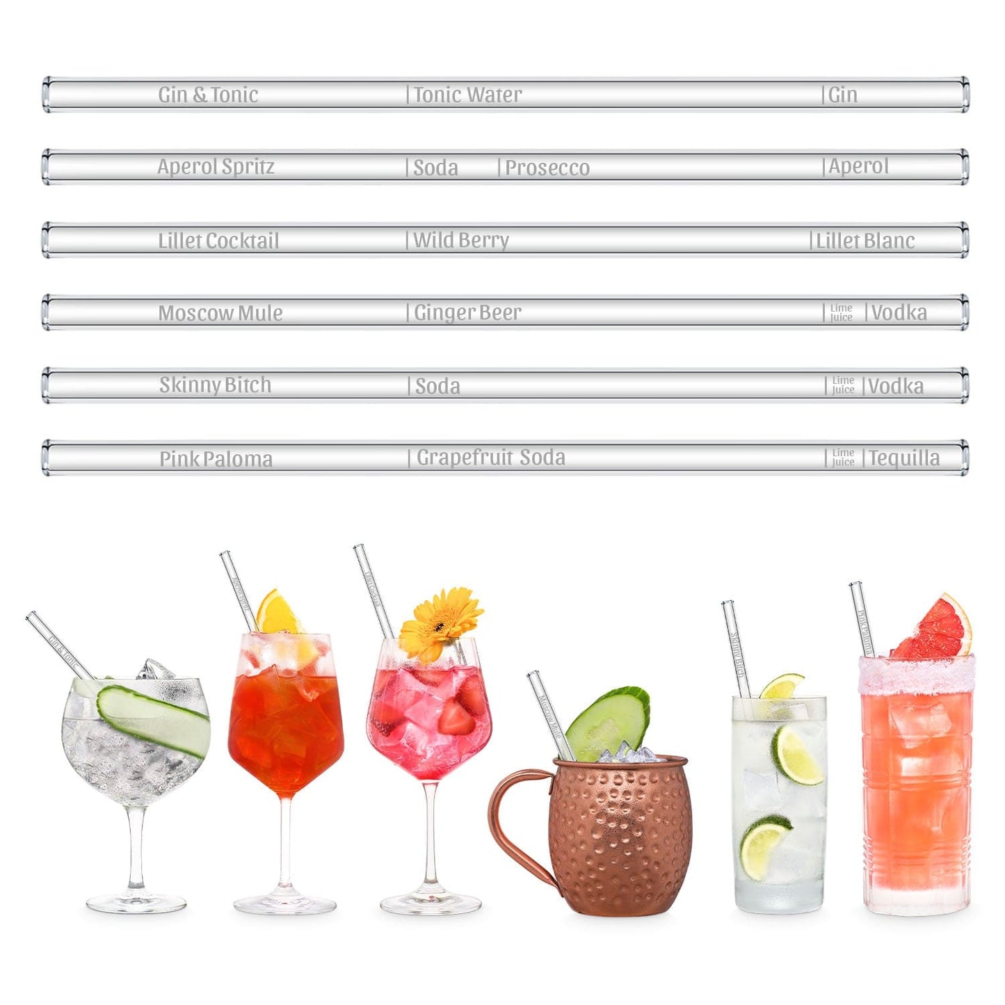 Cocktail Glasstrohhalme mit gravierten Maßen 6er Set