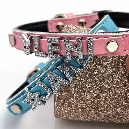 Personalisierbares Hundehalsband aus echtem Leder mit Glitzersteinen