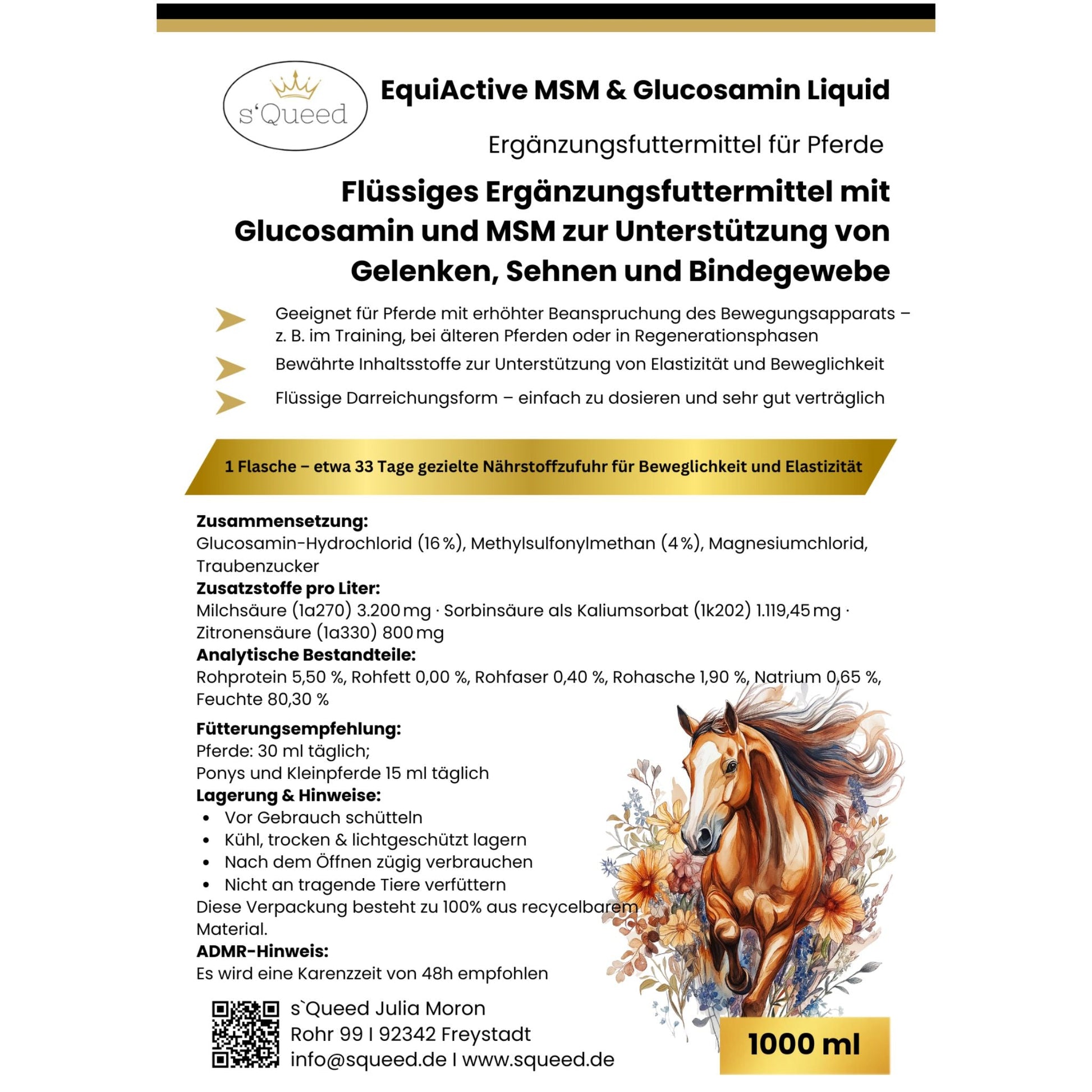 EquiActive MSM und Glucosamin Flüssigkeit 1000ml zur Gelenkunterstützung