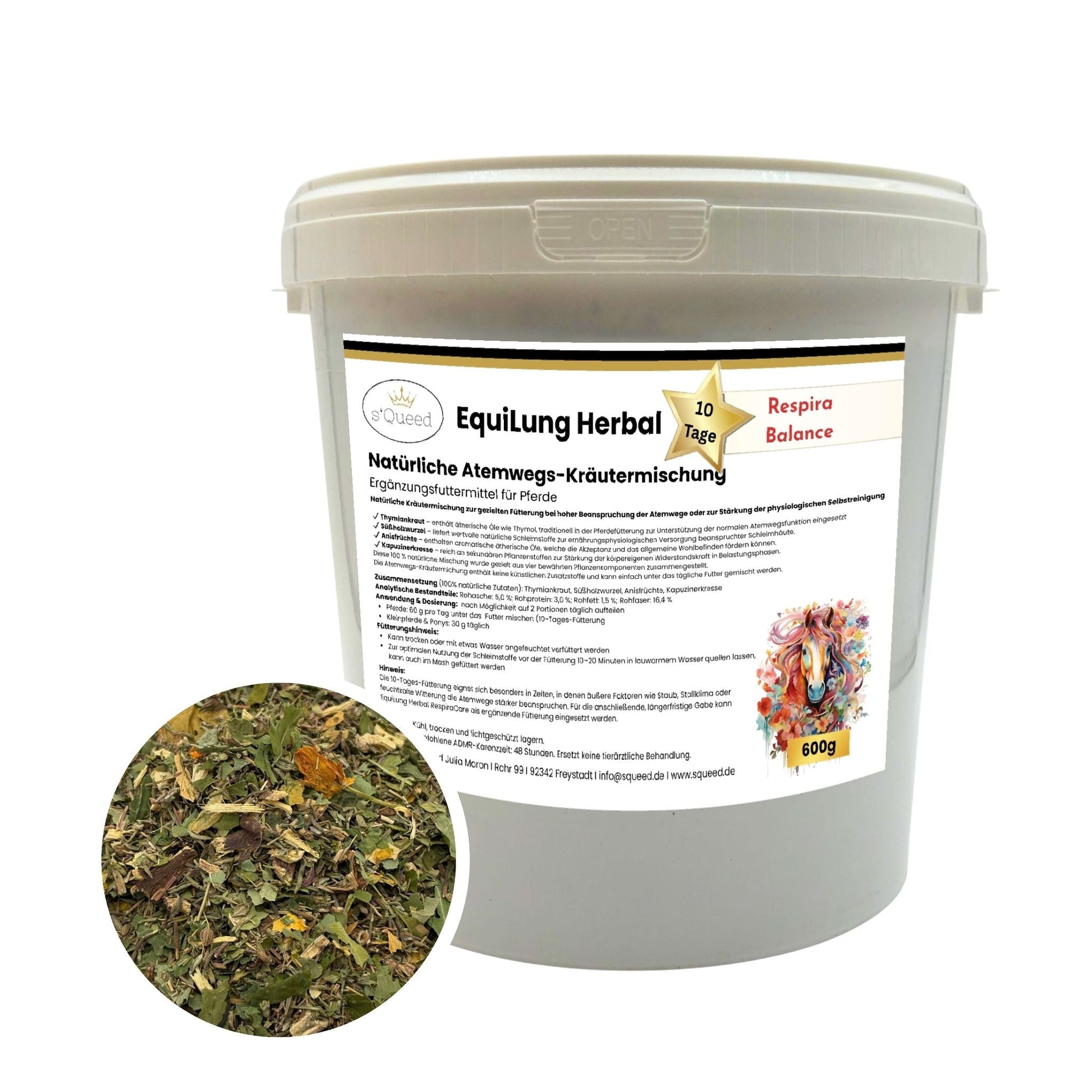 EquiLung Herbal RespiraBalance – Kräutermischung für Pferde in Phasen erhöhter Schleimbildung oder bei beanspruchten Atemwegen-s`Queed