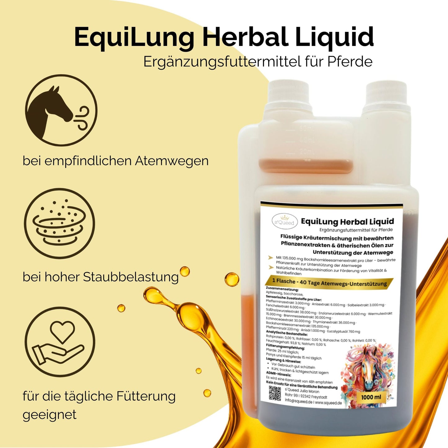 EquiLung Herbal Liquid 1000ml – flüssiges Ergänzungsfuttermittel zur Unterstützung der Atemwege bei Pferden