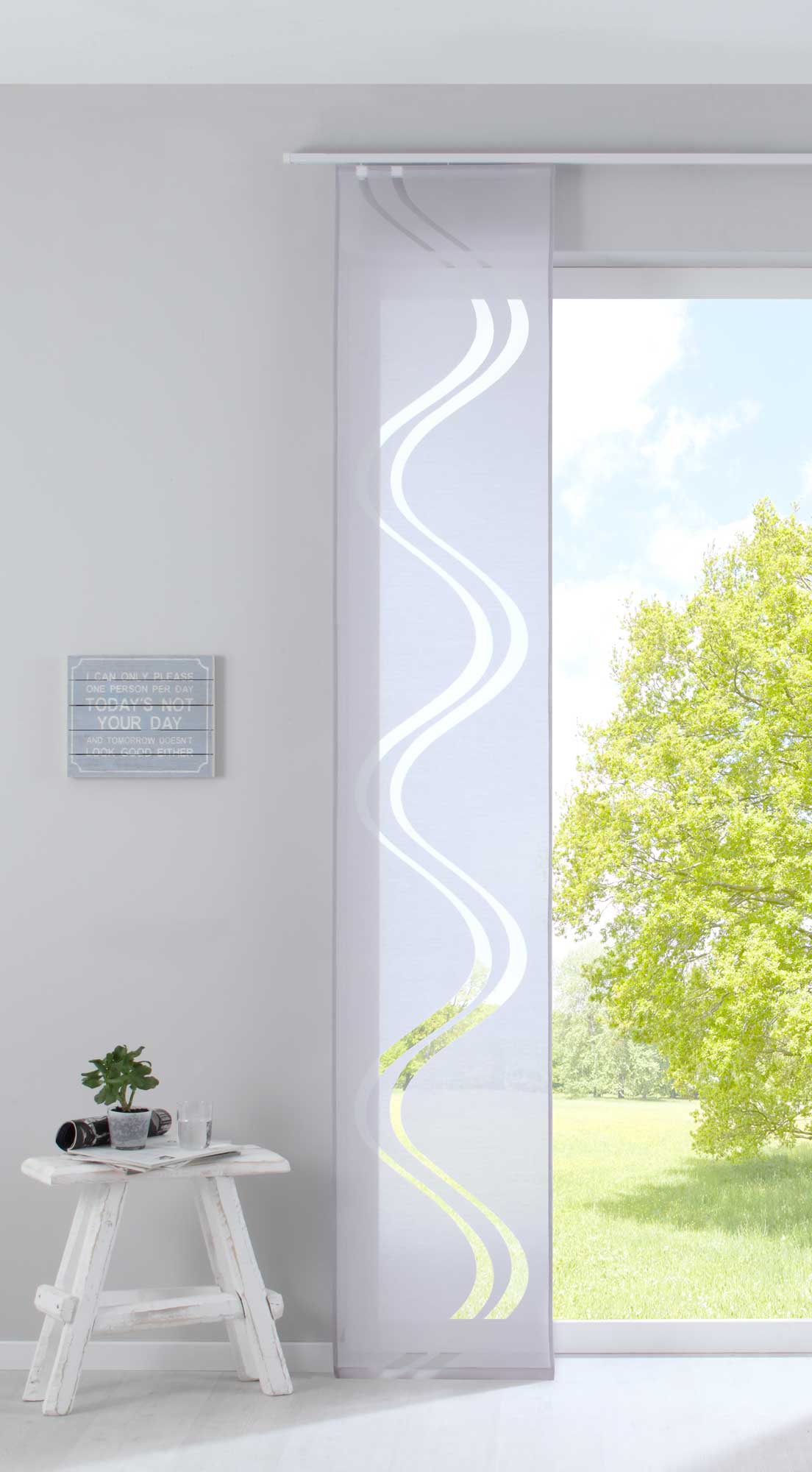 Flächenvorhang Schiebegardine Ausbrenner Qualität modern mit Wellen Muster transparent Paneelwagen Beschwerungsstange 20190418-gardinenbox.de