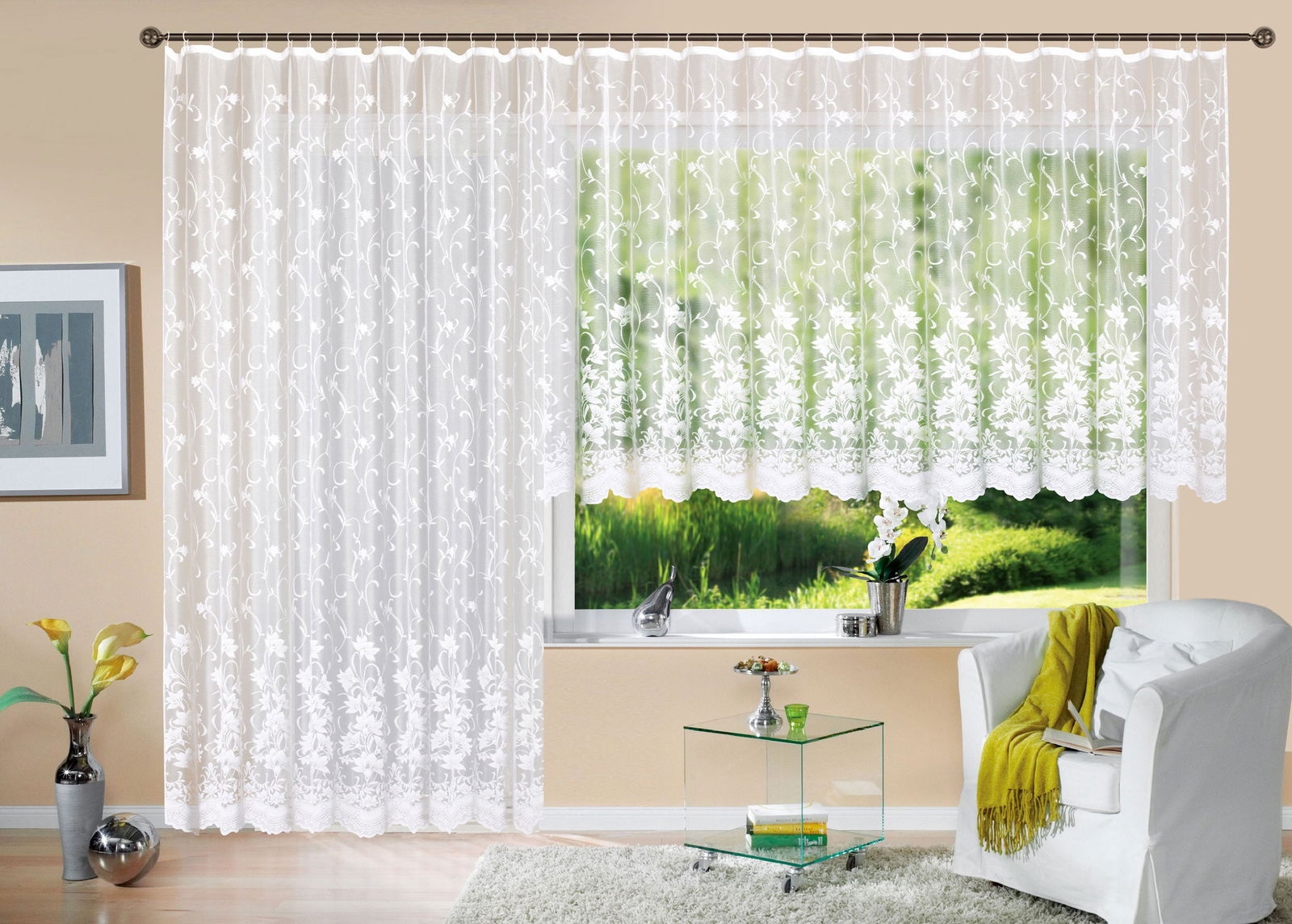 Gardine Store Jacquard Koblenz Kräuselband Universalband Weiß Blumenmuster Transparent Voile Vorhang Wohnzimmer 13146-gardinenbox.de