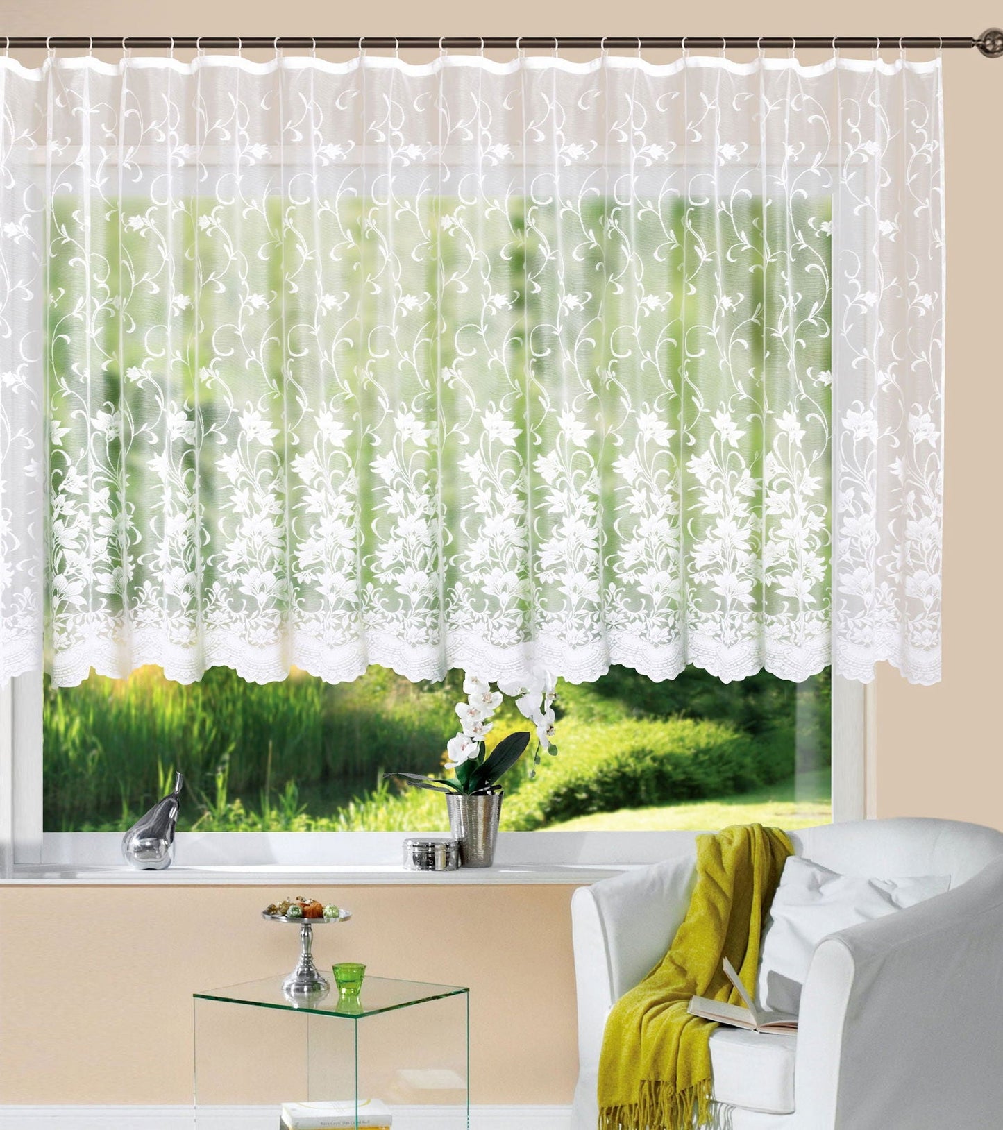 Gardine Store Jacquard Koblenz Kräuselband Universalband Weiß Blumenmuster Transparent Voile Vorhang Wohnzimmer 13146-gardinenbox.de