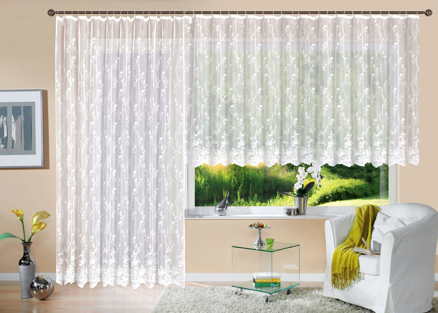 Gardine Store Jacquard Mainz Kräuselband Universalband Weiß Blumenmuster Transparent Vorhang Wohnzimmer 13144-gardinenbox.de