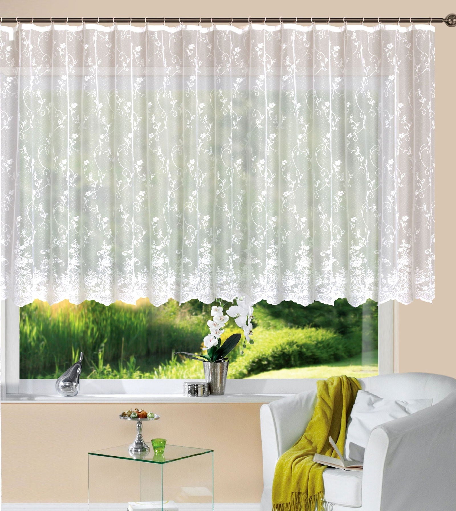 Gardine Store Jacquard Mainz Kräuselband Universalband Weiß Blumenmuster Transparent Vorhang Wohnzimmer 13144-gardinenbox.de