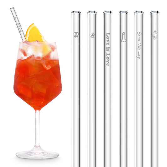 6er Set Glasstrohhalme mit edler Gravur und Pride Motiven