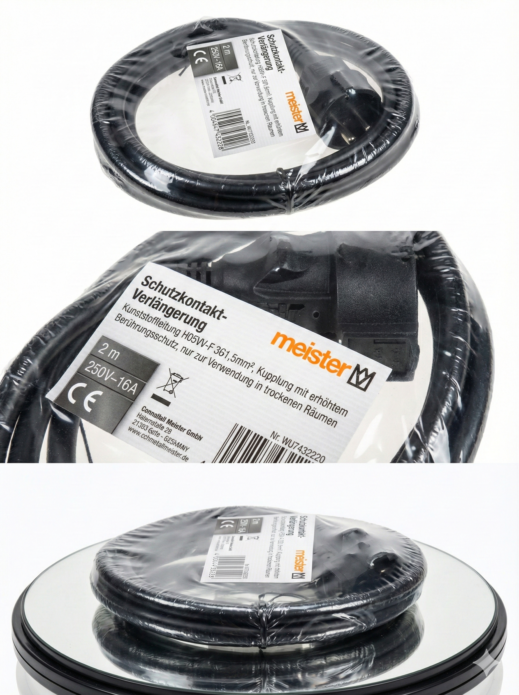 Schutzkontakt-Verlängerung 2 m in Schwarz, 1-fach-MEISTER