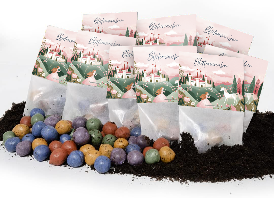 10 Tütchen mit je 5 bunten Blumenmurmeln als nachhaltiges Mitgebsel-Die Stadtgärtner