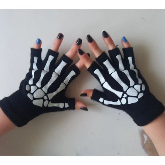 Unisex punk fingerlose Strickhandschuhe Halloween Skelett Totenkopf