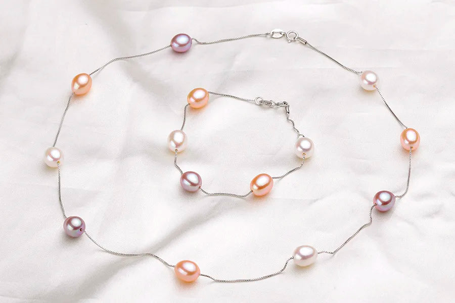 Schmuckset Halskette und Armband mit natürlichen Süßwasserperlen in Silber-Yabubest - Home & More