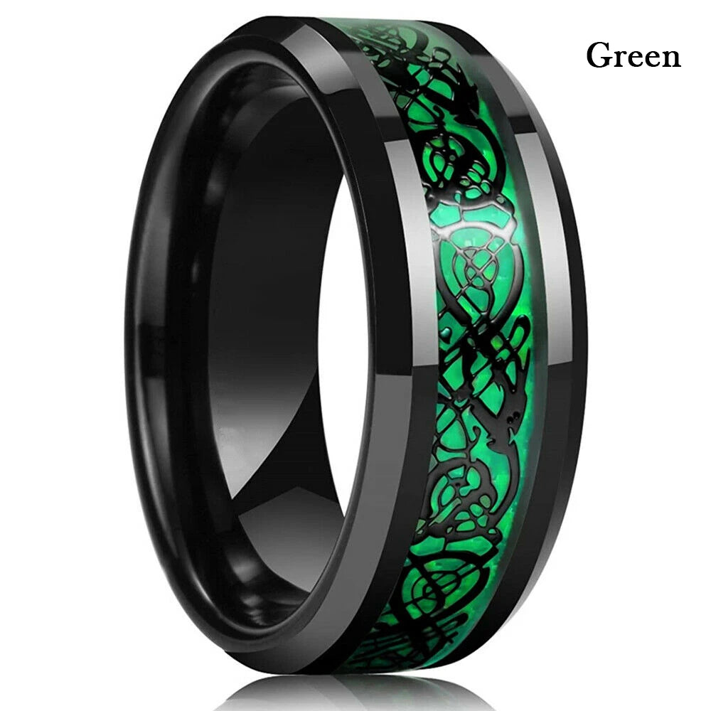 Eleganter Edelstahlring mit keltischem Drachen und Carbon Inlay