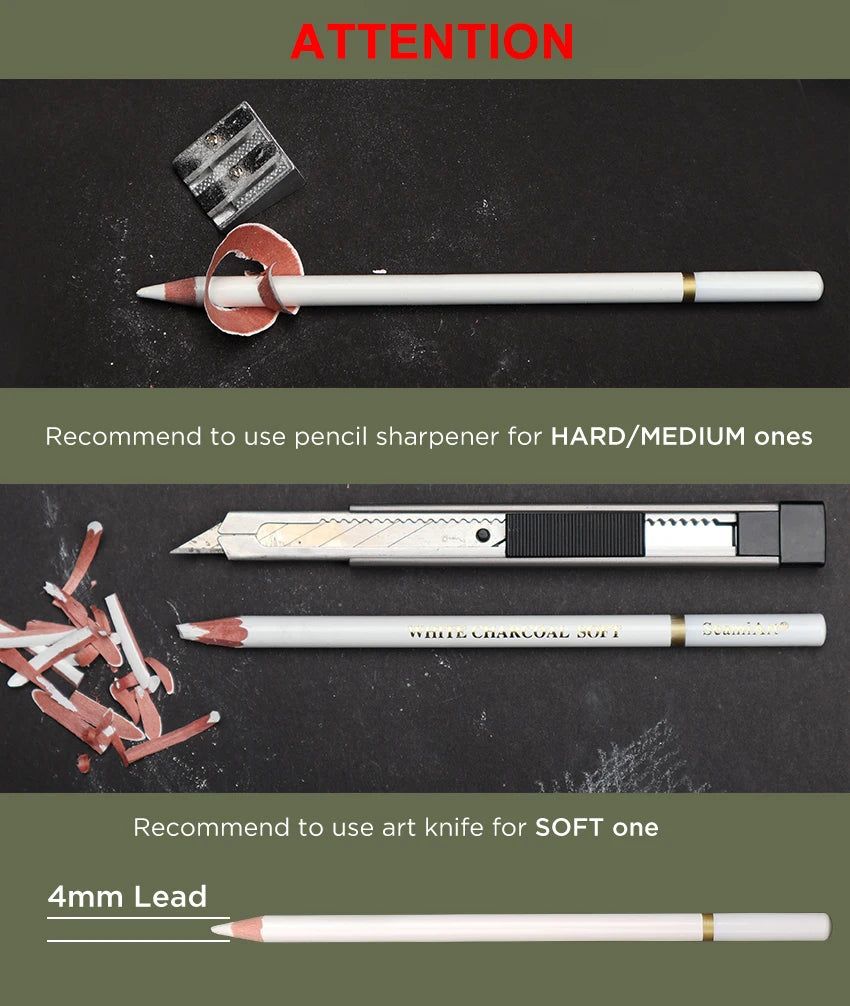 Set 3 Kohlestifte Weiß Weich Mittel Hart für Skizzen und Kunst-Yabubestshop