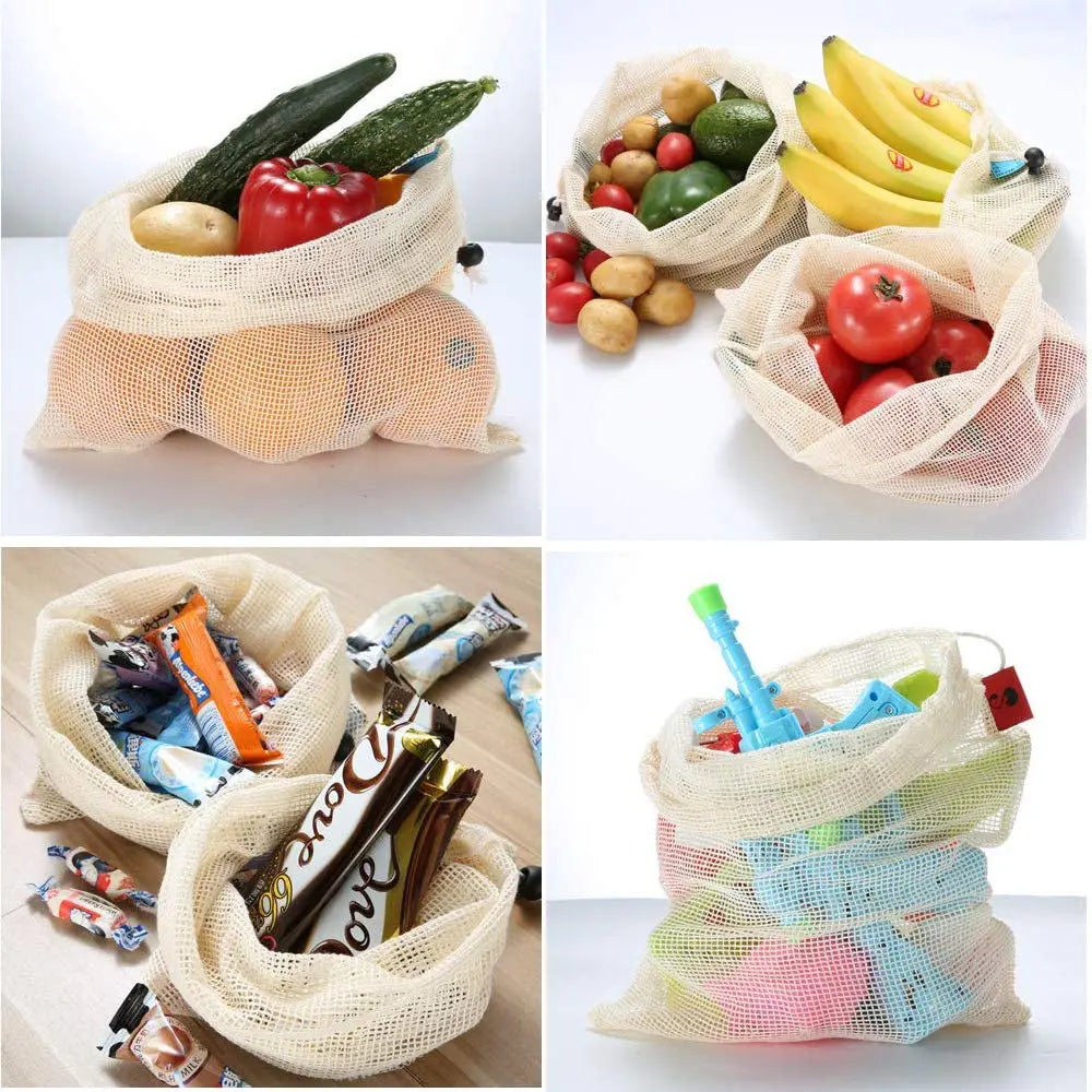3 Stuecke Wiederverwendbare Baumwolle Netzbeutel fuer Obst und Ge
